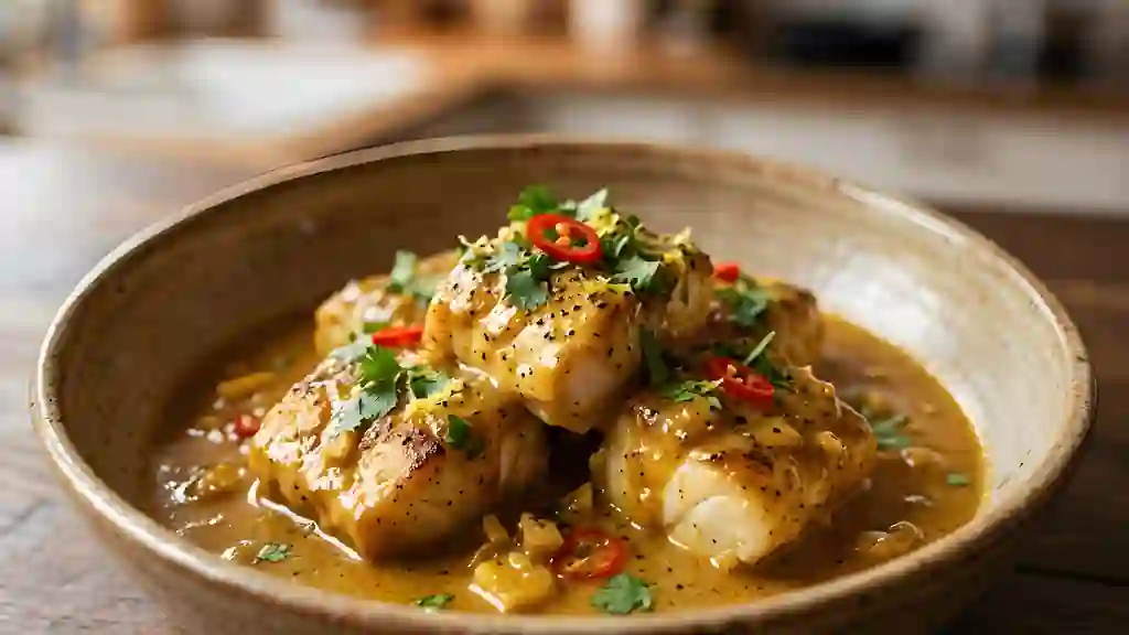 Lotte fondante au curry et gingembre frais - Photo de présentation