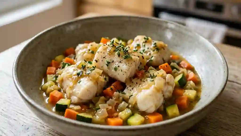 Lotte fondante au vin blanc et légumes - Photo de présentation