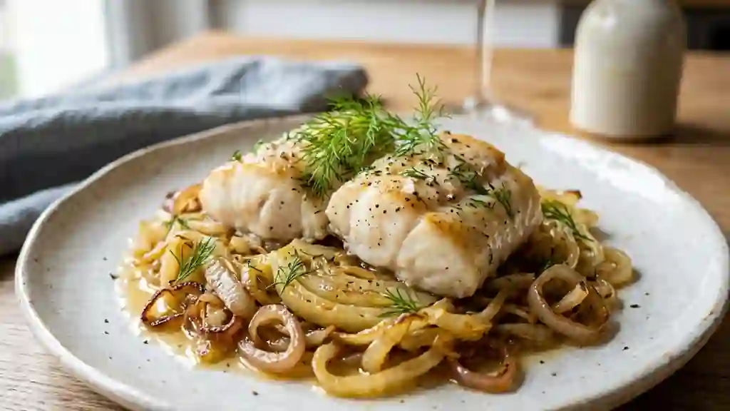 Lotte rôtie, fenouil confit et échalotes - Photo de présentation