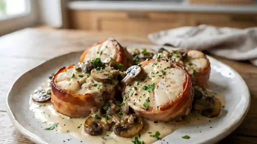 Lotte rôtie au lard et crème de champignons - Photo de présentation