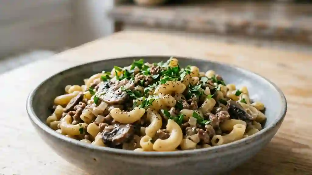 Macaronis crémeux au bœuf et champignons - Photo de présentation