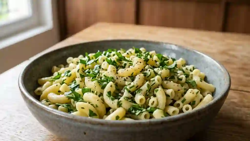 Macaronis fondants à l'ail et herbes fraîches - Photo de présentation