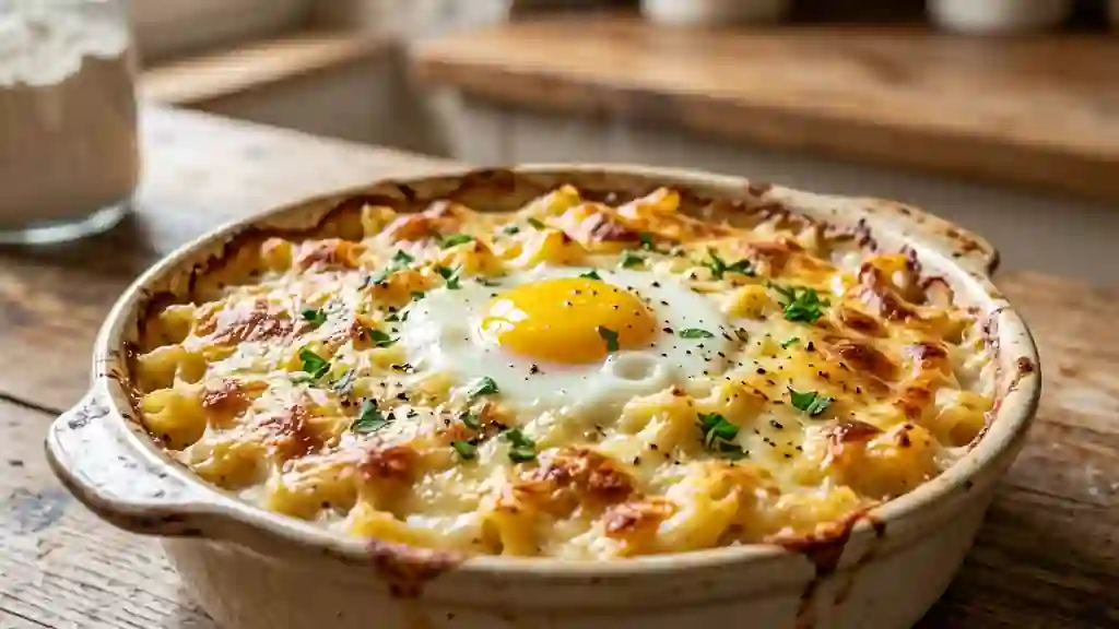 Macaronis crémeux gratinés à l'œuf - Photo de présentation