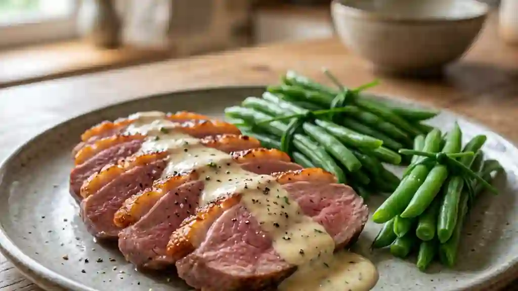Magret de canard rosé et sa crème d'ail - Photo de présentation