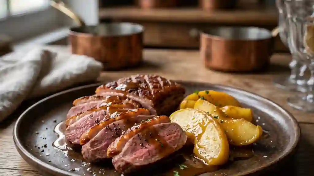 Magret de canard croustillant aux pommes flambées - Photo de présentation