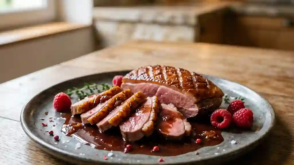 Magret de canard laqué au miel et framboise - Photo de présentation