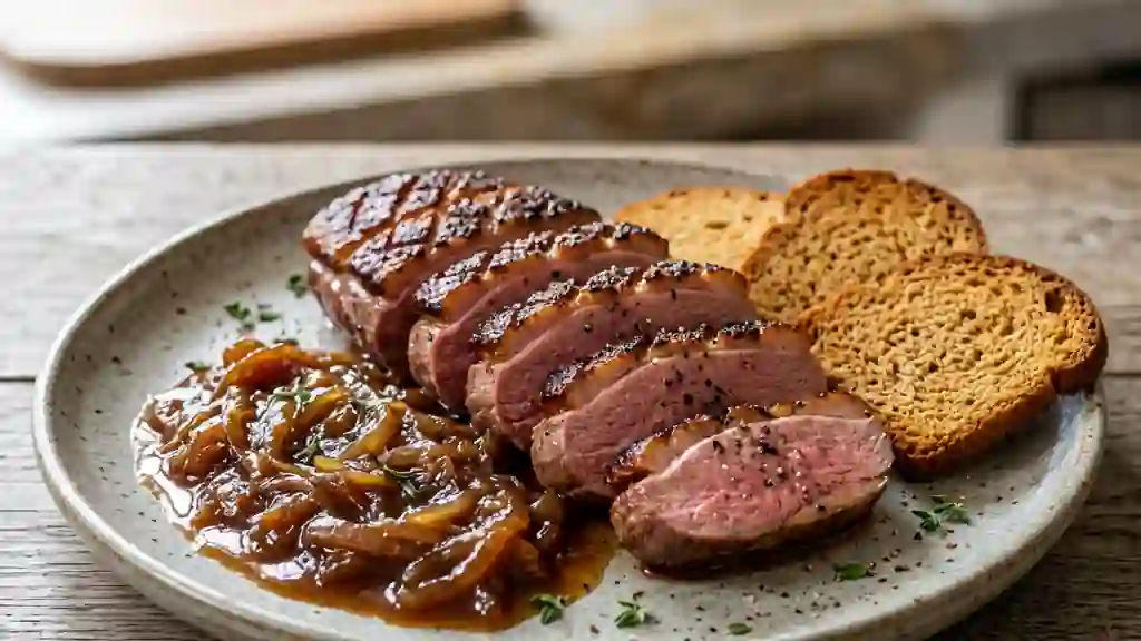 Magret rôti, fondue d'oignons et pain d'épices - Photo de présentation