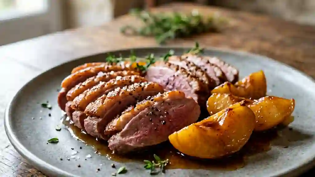 Magret de canard rôti et coings fondants au miel - Photo de présentation