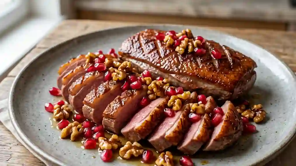Magret de canard aux noix caramélisées et grenade - Photo de présentation
