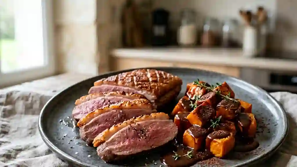 Magret de canard fondant, patates douces au cacao - Photo de présentation