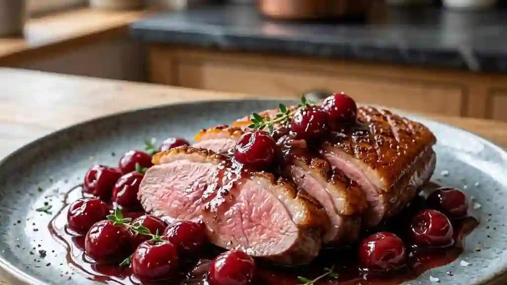 Magret de canard laqué aux griottes acidulées - Photo de présentation