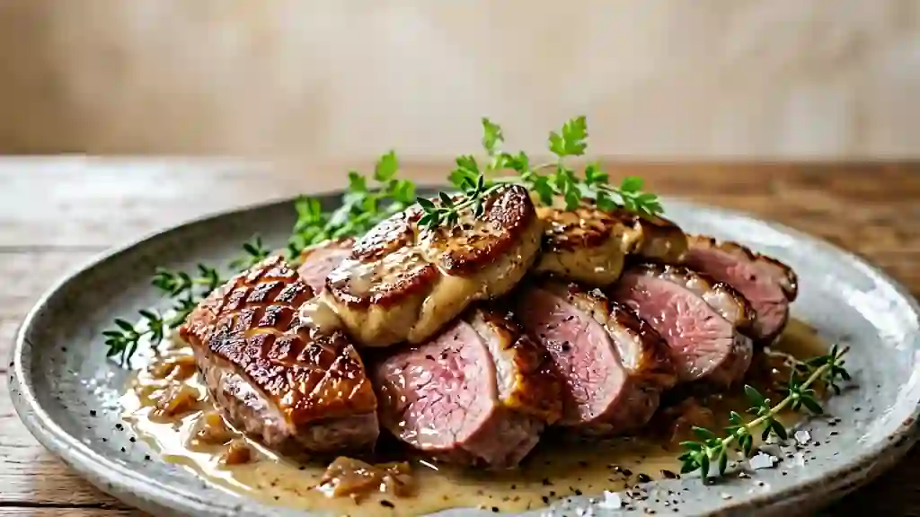 Magret de canard au foie gras fondant et crème - Photo de présentation
