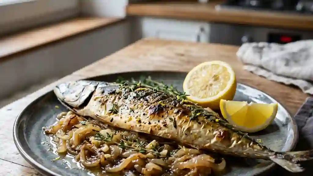 Maquereaux grillés sur lit d'oignons fondants - Photo de présentation