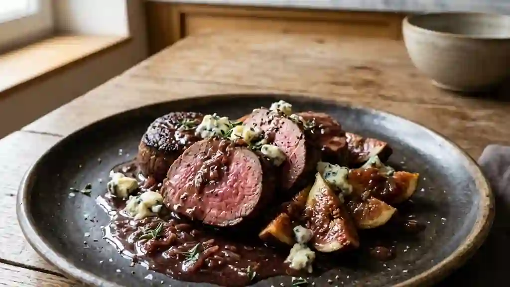 Chevreuil poêlé, figues charnues et bleu fondant - Photo de présentation