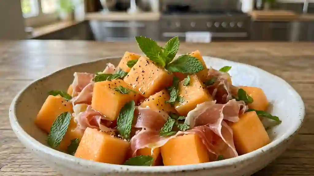 Melon fondant au jambon cru et menthe fraîche - Photo de présentation