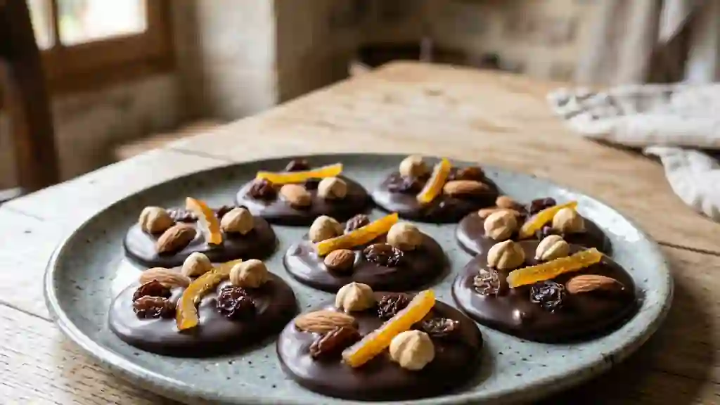 Mendiants au chocolat noir et fruits croquants - Photo de présentation
