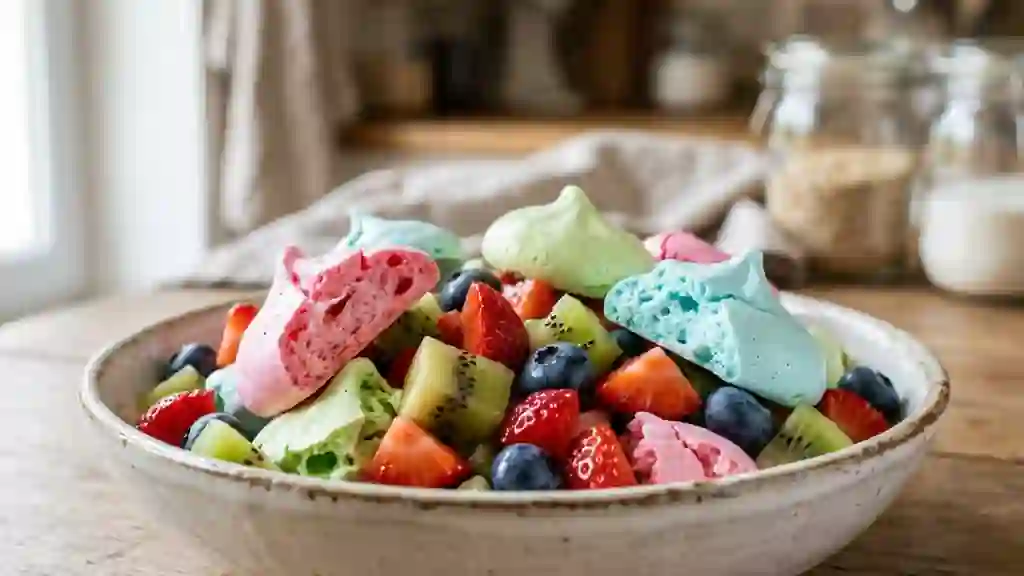 Meringues arc-en-ciel et fruits frais - Photo de présentation