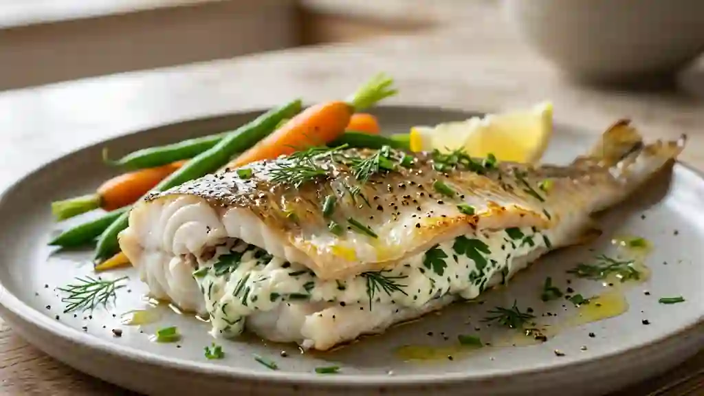 Merlan farci au fromage blanc et herbes fraîches - Photo de présentation