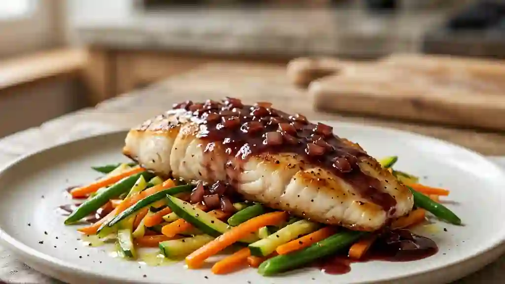 Merlan fondant sauce porto et croquant de légumes - Photo de présentation