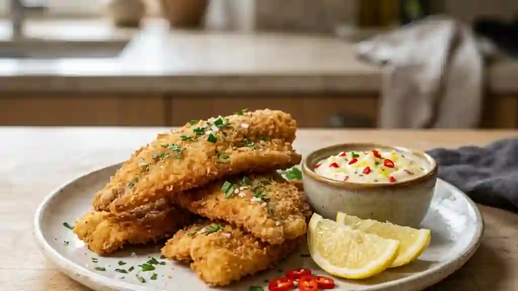 Merlans frits croustillants et sauce pimentée - Photo de présentation