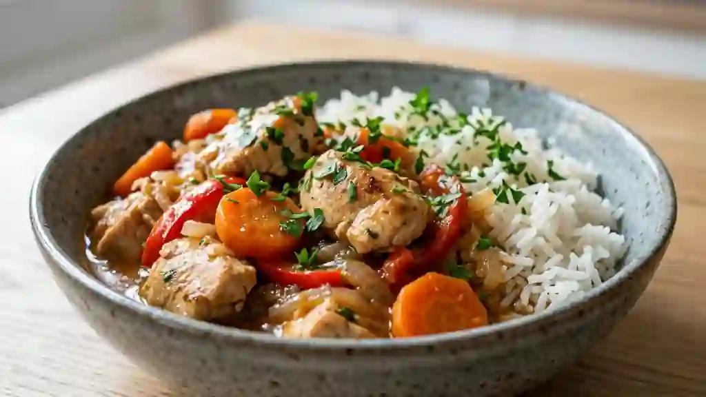 Poulet fondant au riz et légumes croquants - Photo de présentation