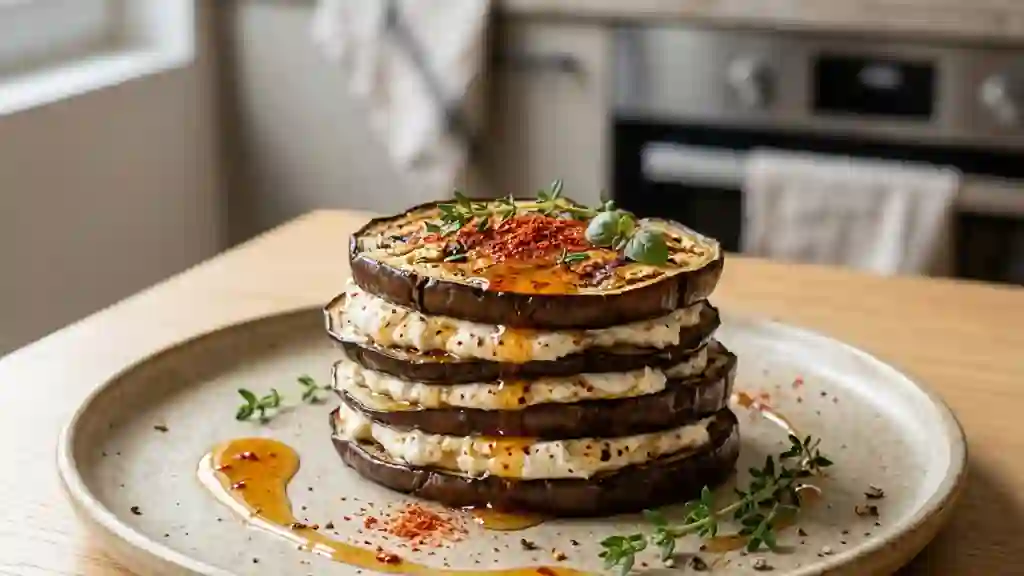 Mille-feuille d'aubergine fondant chèvre et miel - Photo de présentation