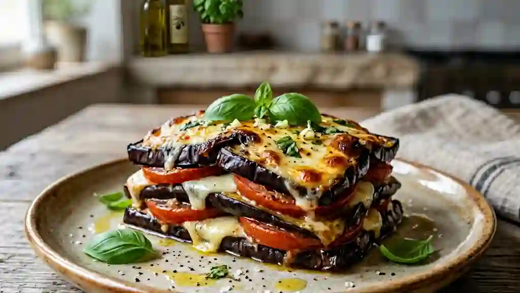 Mille-feuilles d'aubergines fondant et mozzarella - Photo de présentation