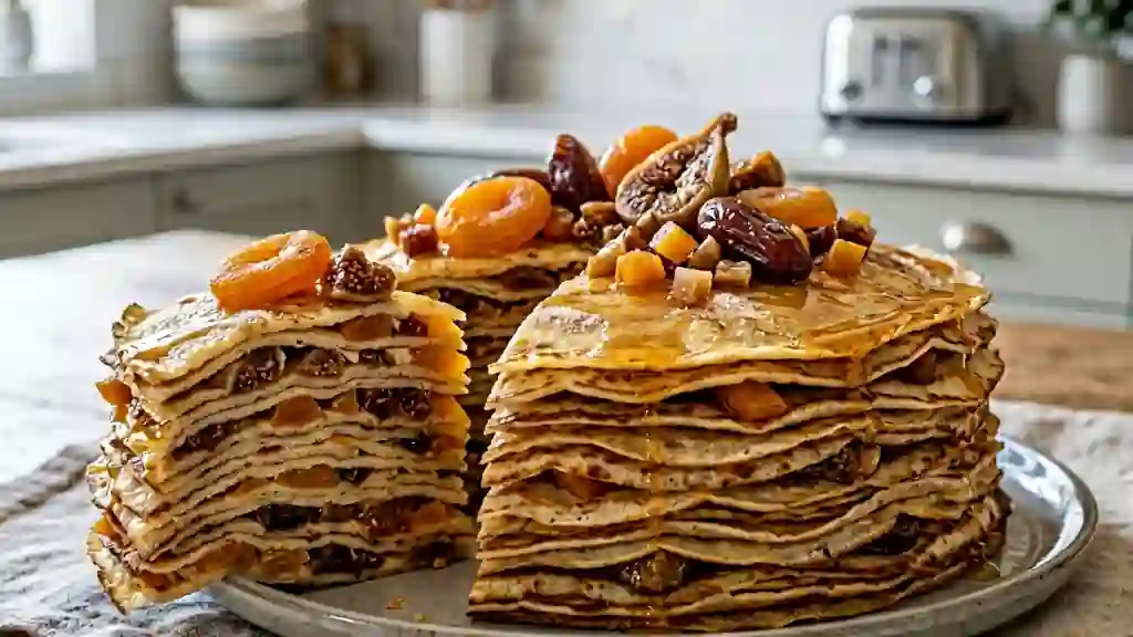 Millefeuille de crêpes au miel et fruits secs - Photo de présentation
