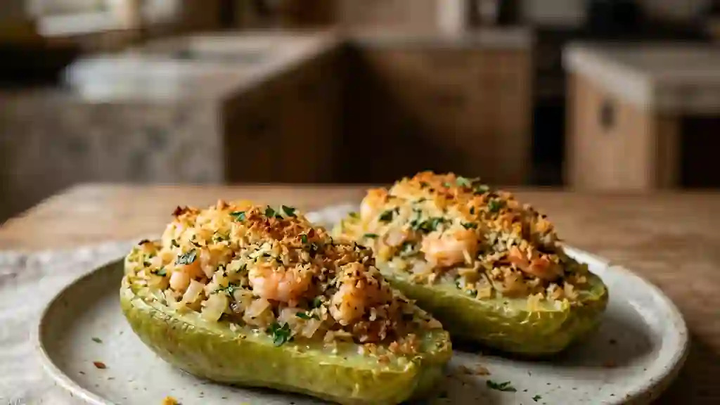 Mirliton gratiné aux crevettes et persillade - Photo de présentation