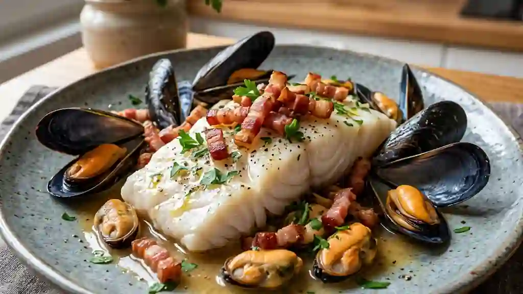 Morue Fondante, Moules et Lard Grillé - Photo de présentation