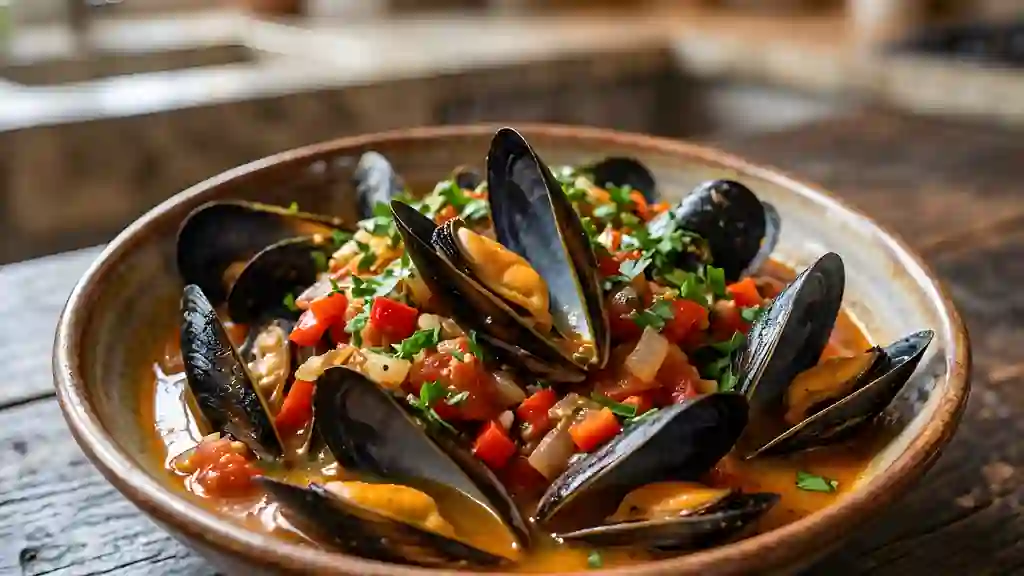 Moules à la provençale, ail et poivrons tendres - Photo de présentation