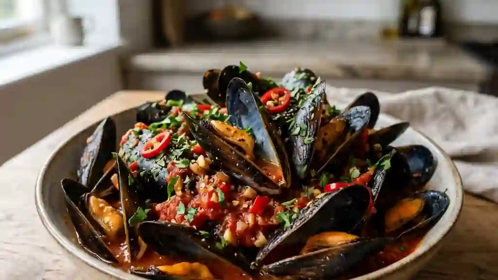 Moules braisées au piment et vin blanc - Photo de présentation