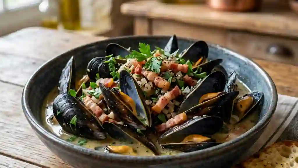 Moules marinières au lard fumé et vin blanc - Photo de présentation