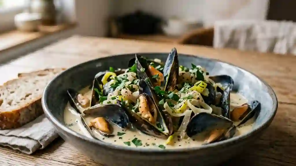 Moules onctueuses au vin blanc et poireaux - Photo de présentation
