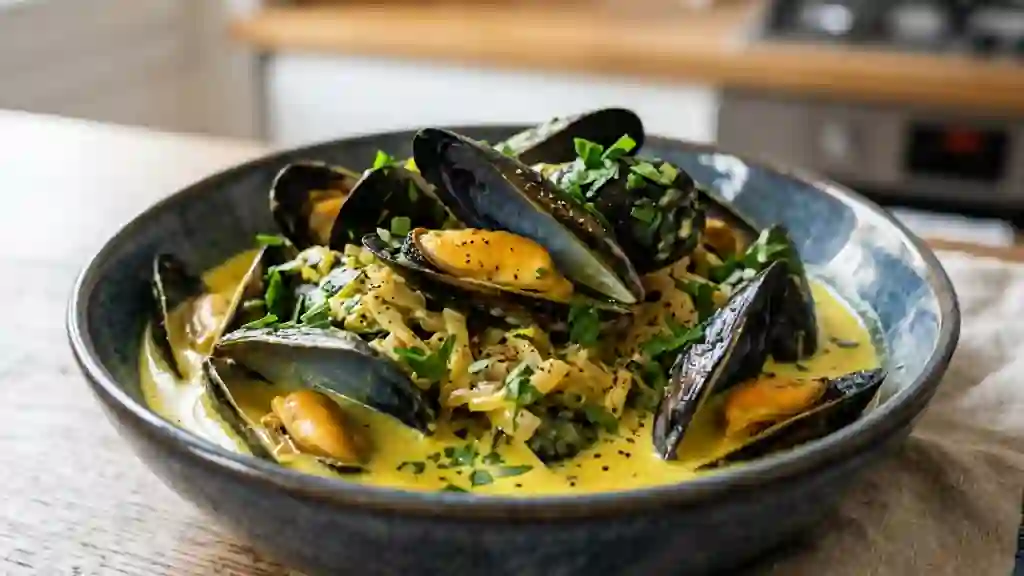 Moules crémeuses au curry et vin blanc - Photo de présentation