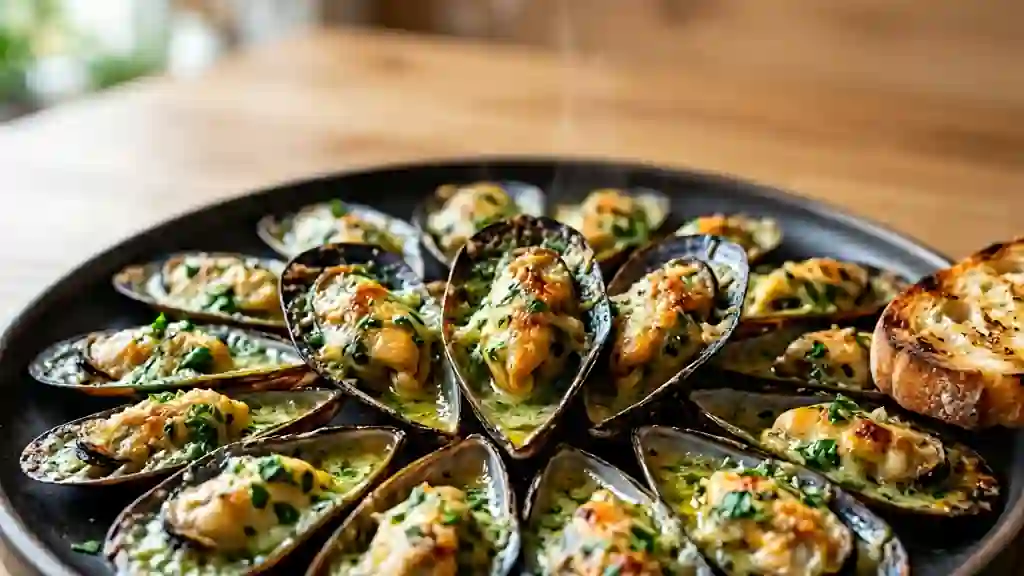 Moules gratinées au beurre d'ail persillé - Photo de présentation