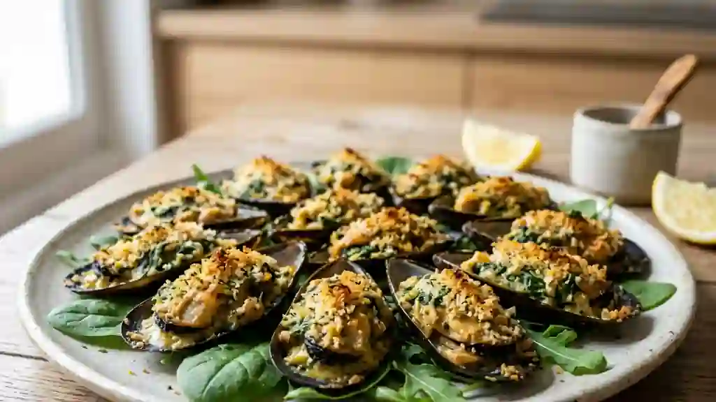 Moules farcies : épinards fondants et curry - Photo de présentation