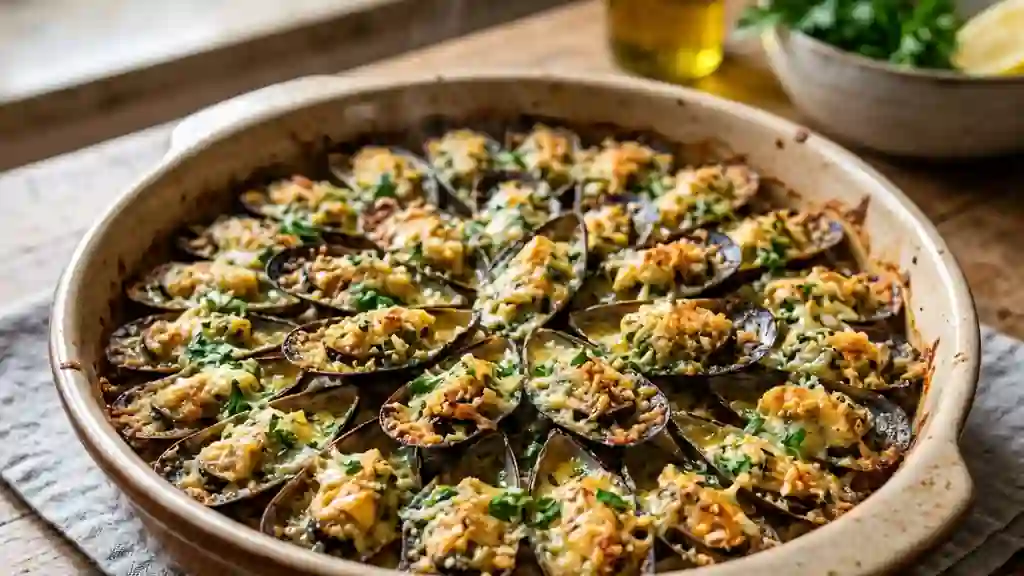 Moules gratinées au beurre d'ail croustillantes - Photo de présentation