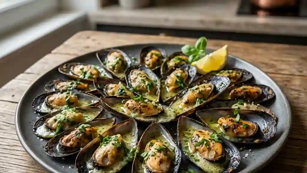 Moules grillées au beurre de basilic - Photo de présentation