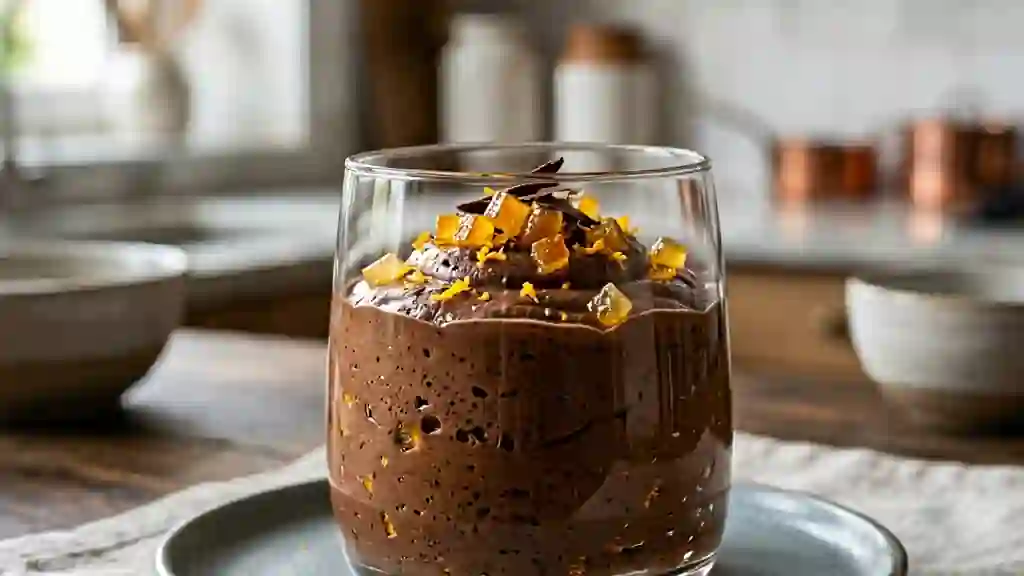 Mousse chocolat noir intense et éclats d'orange - Photo de présentation