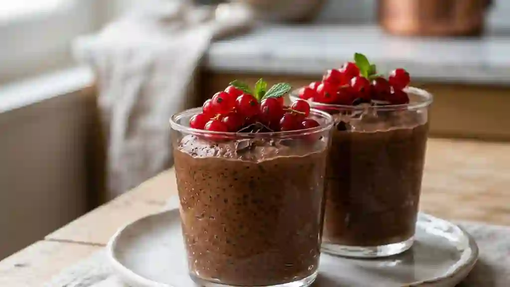 Mousse chocolat aérienne et groseilles fraîches - Photo de présentation