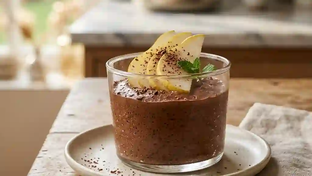 Mousse chocolat noir et poires fondantes - Photo de présentation