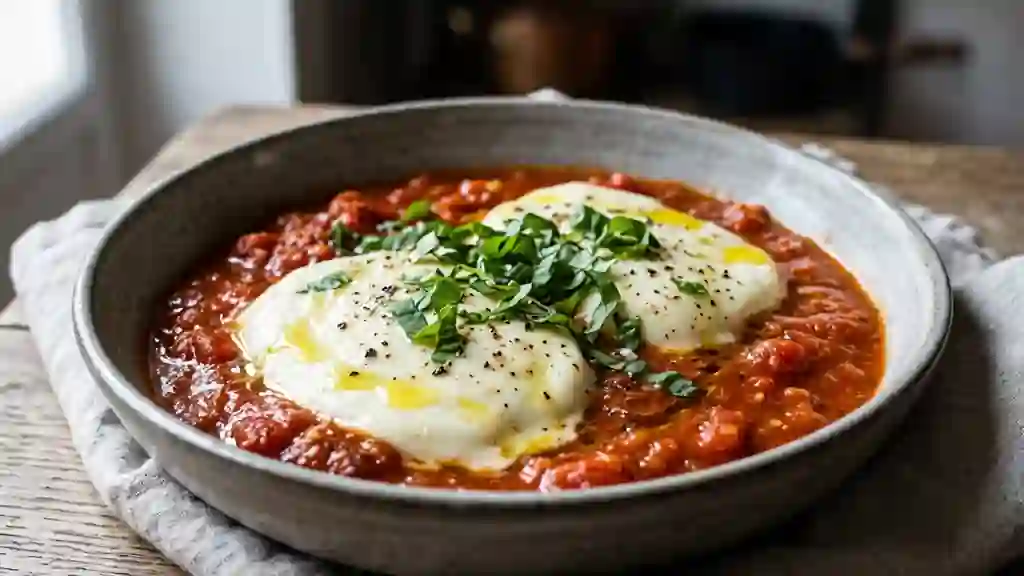 Mozzarella fondante et coulis de tomates chaud - Photo de présentation