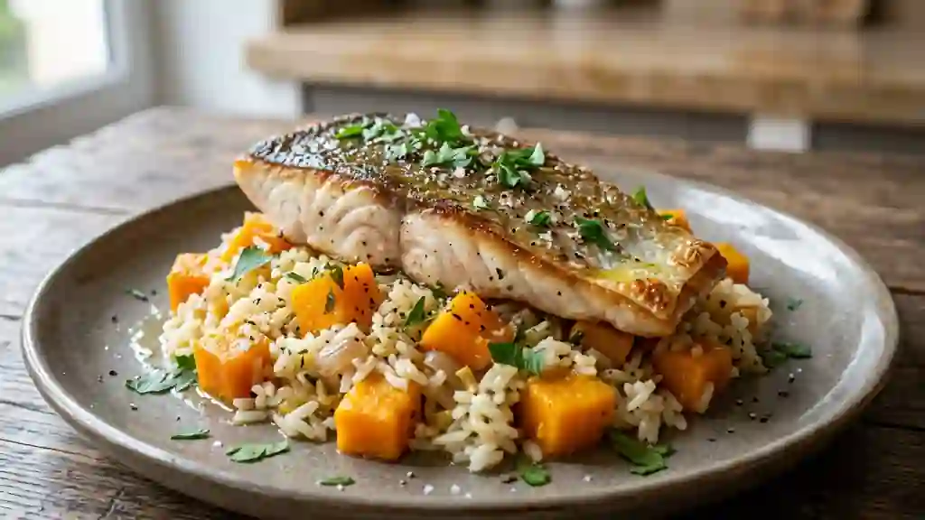 Mulet poêlé et riz fondant au potiron - Photo de présentation