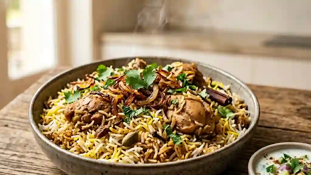 Poulet Biryani fondant et riz basmati parfumé - Photo de présentation