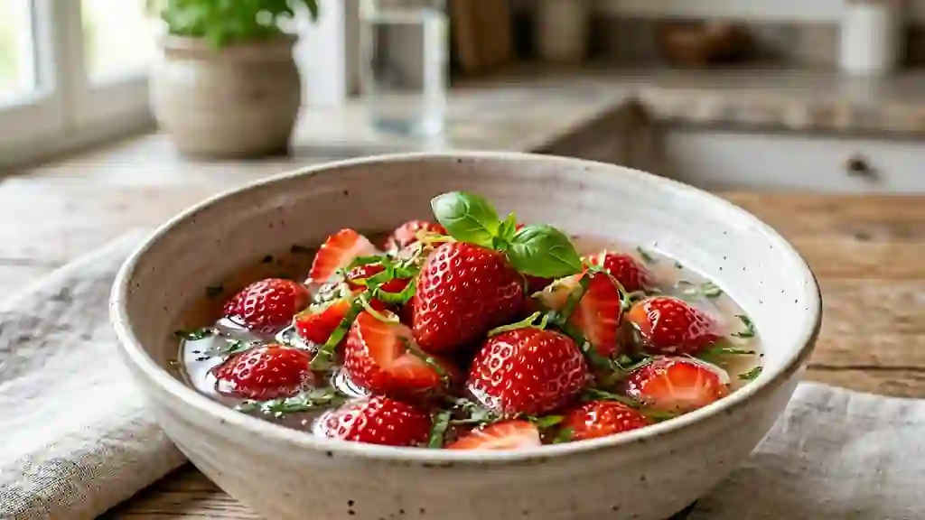 Nage de fraises acidulée au basilic frais - Photo de présentation