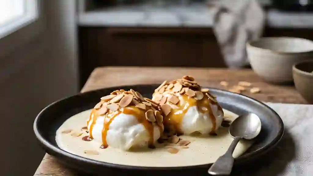 Neige fondante au caramel et amandes grillées - Photo de présentation