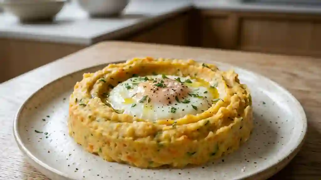 Nid d’œuf sur purée fondante de légumes - Photo de présentation