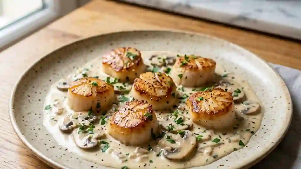 Saint-Jacques fondantes et crème de champignons - Photo de présentation