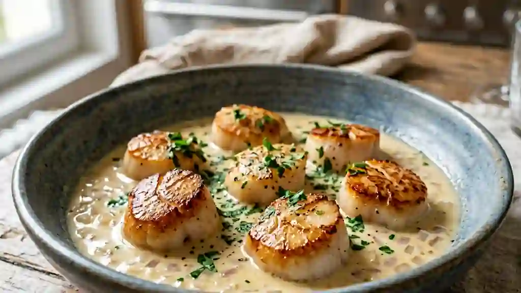 Saint-Jacques à la nage, crème au vin blanc - Photo de présentation